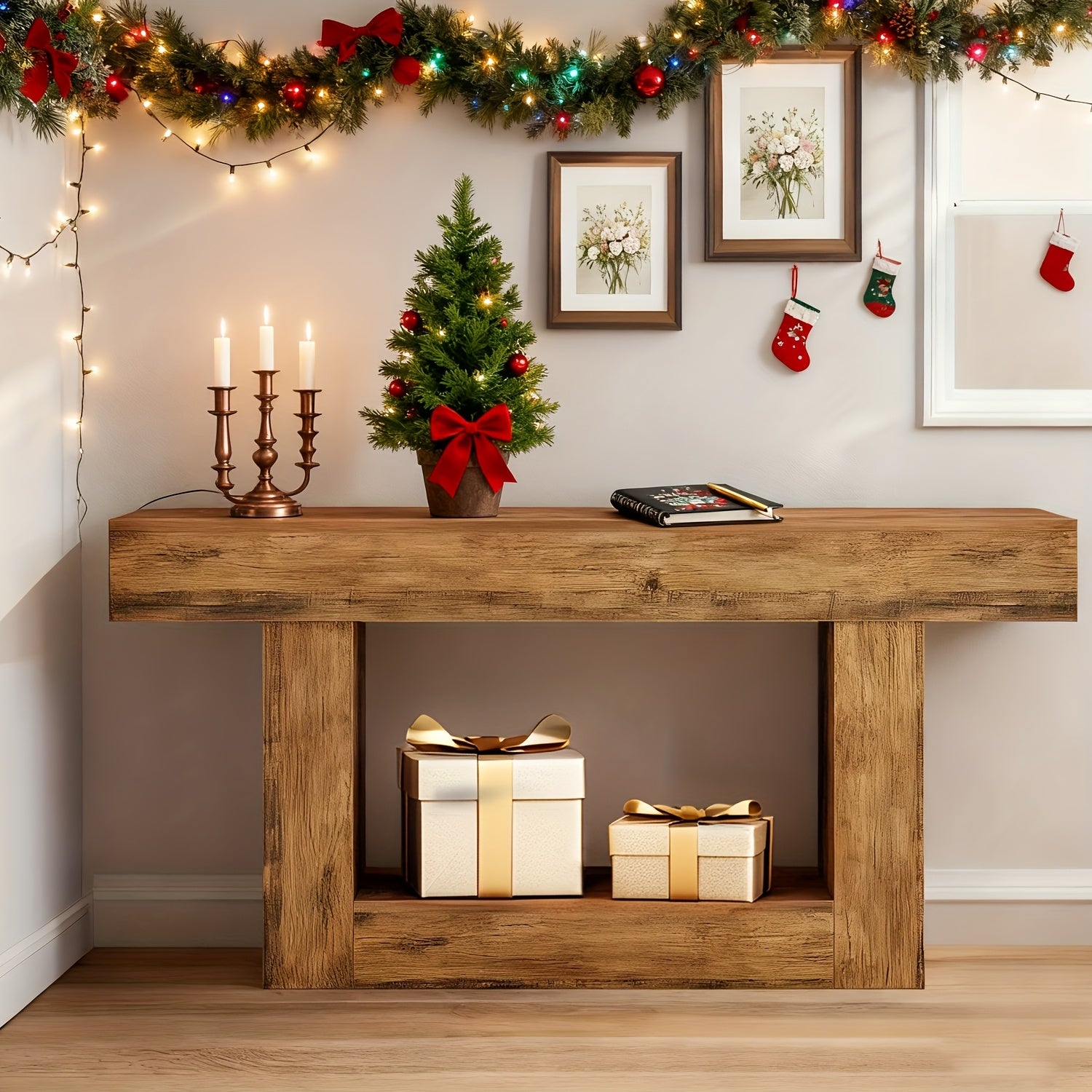 Country Farmhouse Console Table with U-Shaped Base, Durable MDF Construction, Decorated Off Shelf, Ideal for Living Rooms, Corridors Or Foyers, Corridor Storage | Rustic Charm