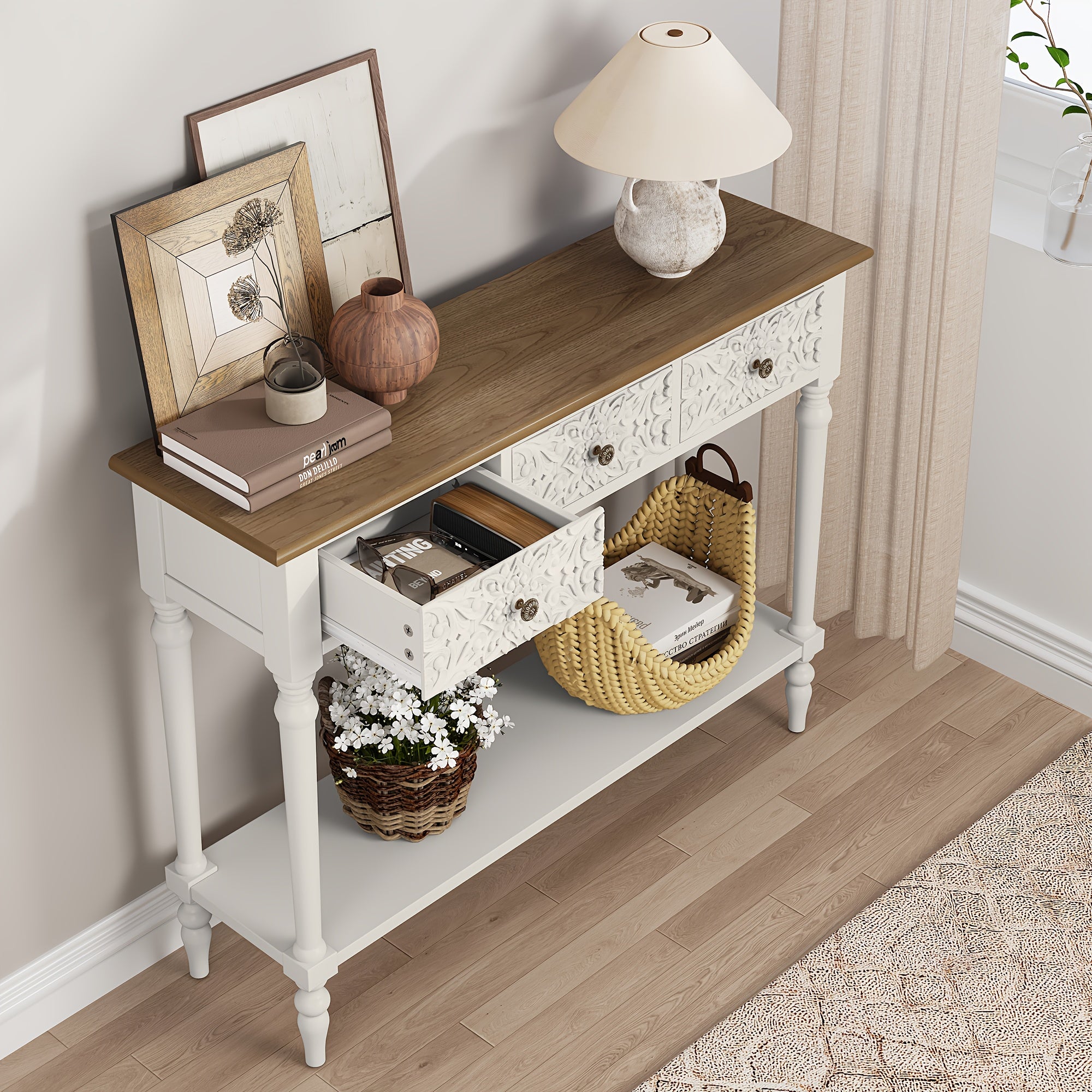 Three-Drawer Entryway Table with Scratch-Resistant - Solid Wood & High-Density Fiberboard Suitable for Hallway, Foyer, - Assembly, Modern with Ample Storage Space