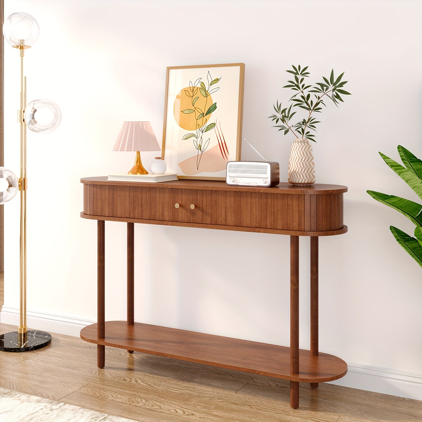Modern Entryway Table with Wood Tambour Door, Accent Behind Couch Sofa Console Table with Storage, Fluted Side Table for Hallway, Living Room, Foyer