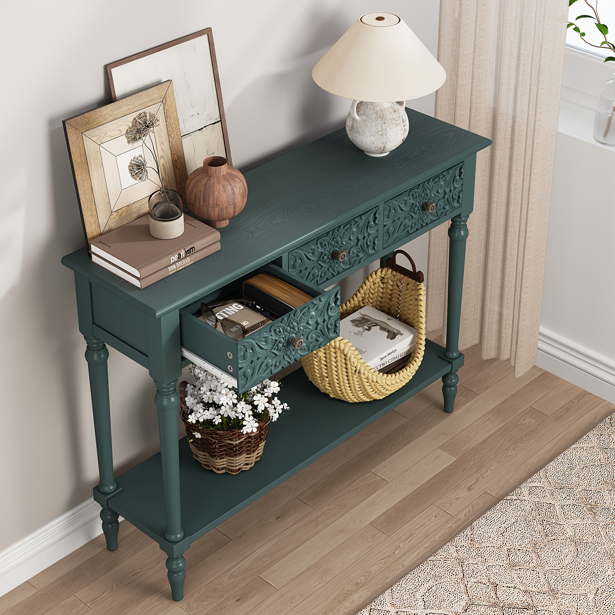 Three-Drawer Entryway Table with Scratch-Resistant - Solid Wood & High-Density Fiberboard Suitable for Hallway, Foyer, - Assembly, Modern with Ample Storage Space