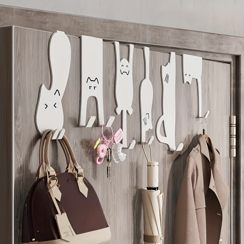 6pcs Cute Cat Design Over-the-Door Metal Hook Rack - Easy to Install for Towels and Hangers, Suitable for Bathroom, Kitchen, Bedroom - Fits 1.73-Inch Thick Doors, White Finish, Durable Animal Silhouette Hooks