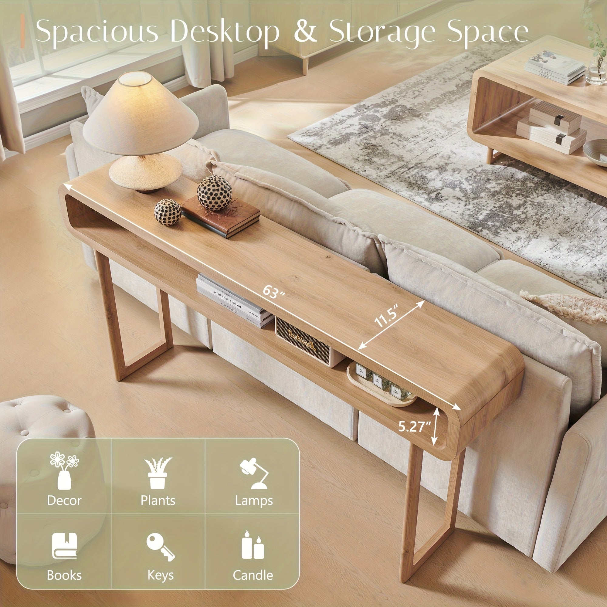 63-Inch Long Console Table, Modern Wood Entryway Table with Open Storage Shelf, Curved Profile Design, for Living Room, Hallway, Foyer