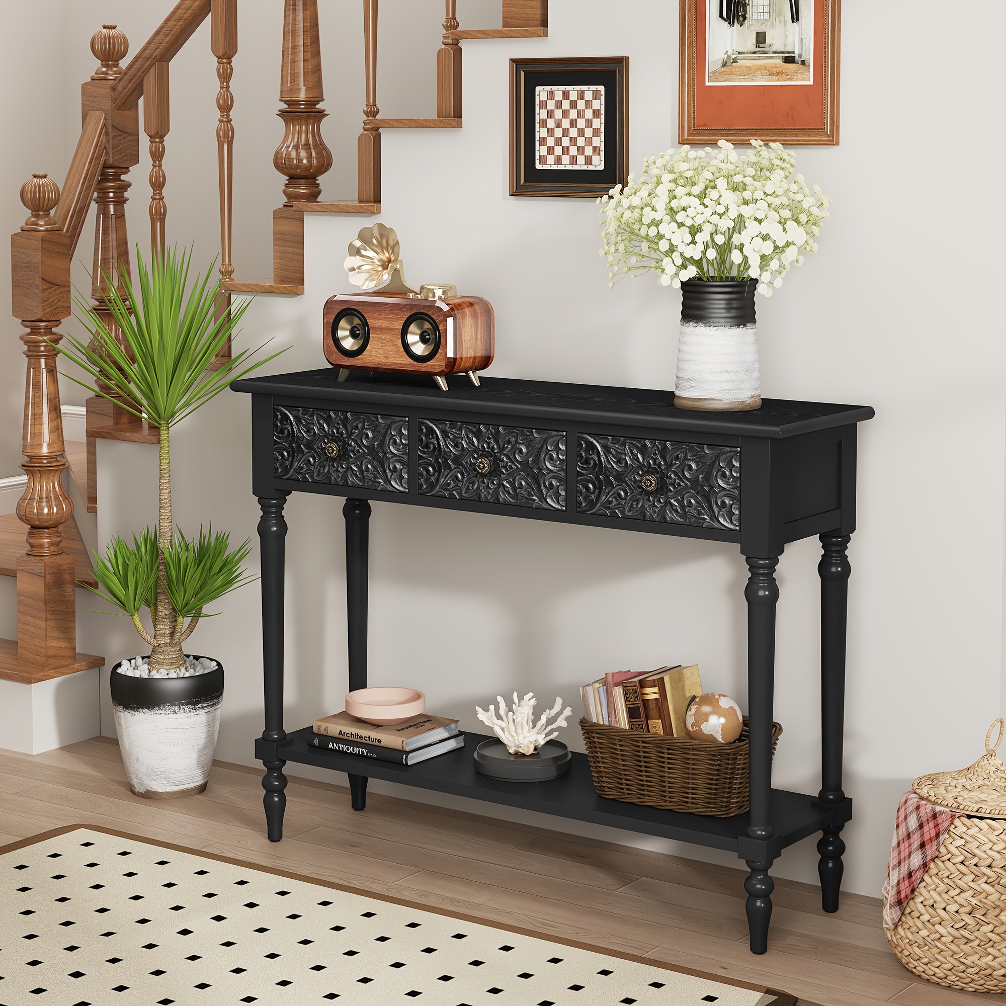 Three-Drawer Entryway Table with Scratch-Resistant - Solid Wood & High-Density Fiberboard Suitable for Hallway, Foyer, - Assembly, Modern with Ample Storage Space