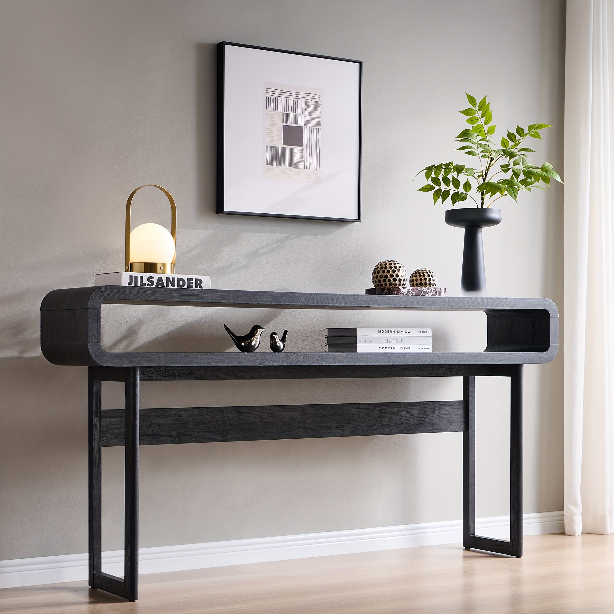 63-Inch Long Console Table, Modern Wood Entryway Table with Open Storage Shelf, Curved Profile Design, for Living Room, Hallway, Foyer
