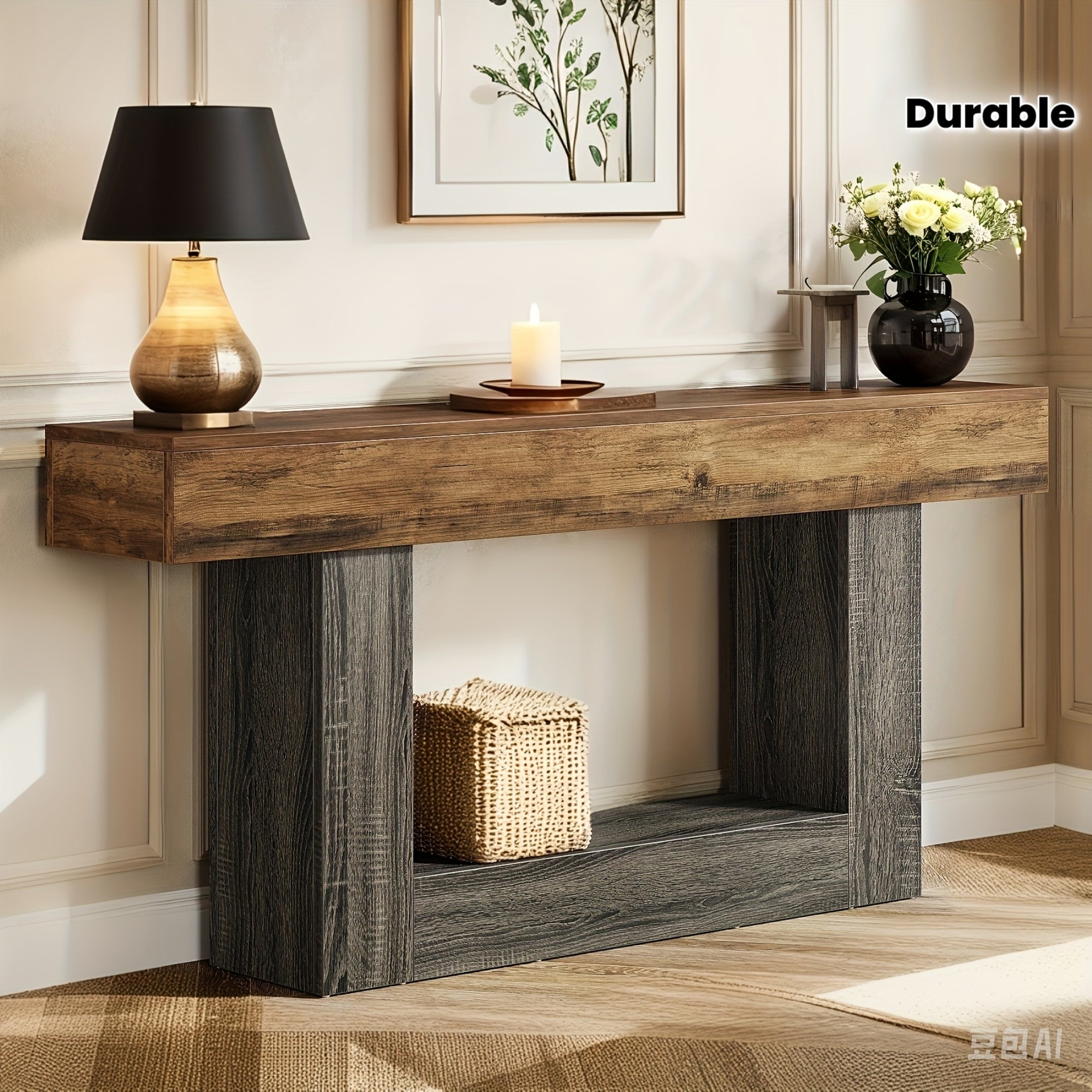 Country Farmhouse Console Table with U-Shaped Base, Durable MDF Construction, Decorated Off Shelf, Ideal for Living Rooms, Corridors Or Foyers, Corridor Storage | Rustic Charm