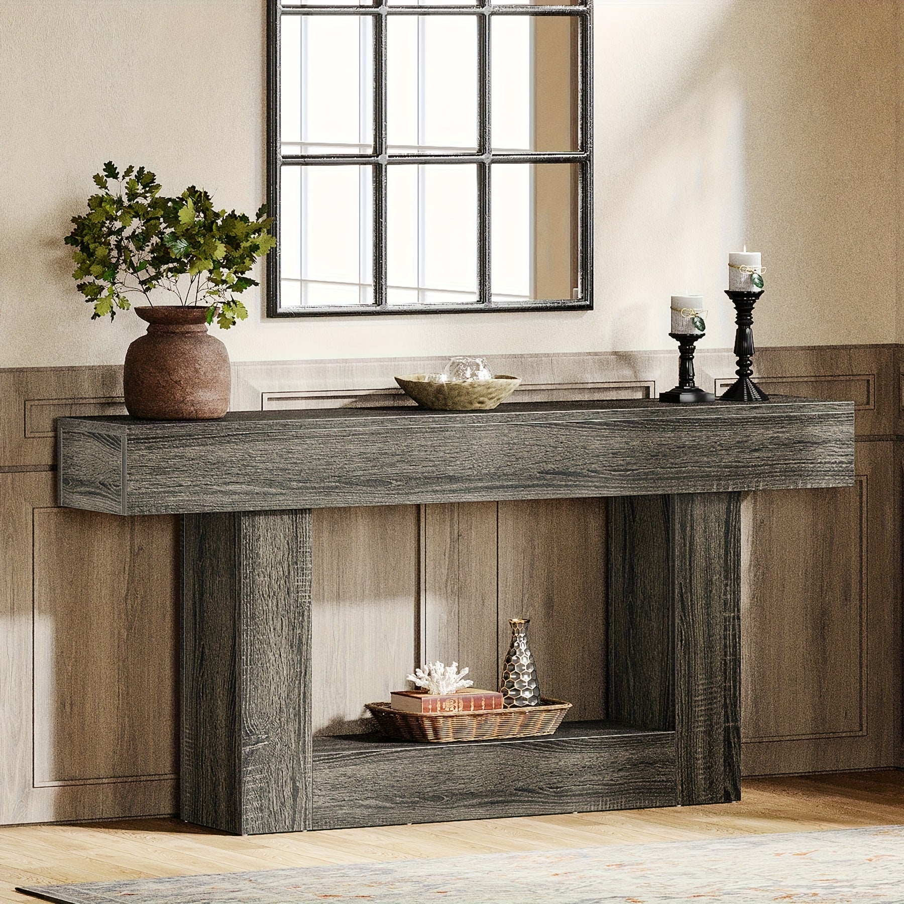 Country Farmhouse Console Table with U-Shaped Base, Durable MDF Construction, Decorated Off Shelf, Ideal for Living Rooms, Corridors Or Foyers, Corridor Storage | Rustic Charm