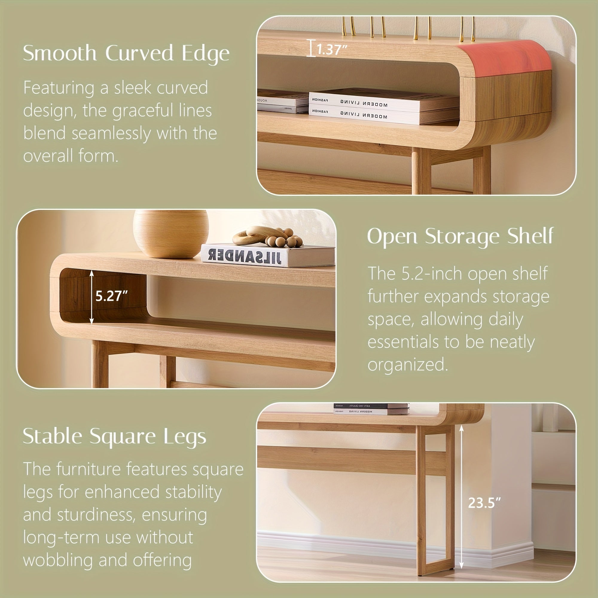 63-Inch Long Console Table, Modern Wood Entryway Table with Open Storage Shelf, Curved Profile Design, for Living Room, Hallway, Foyer