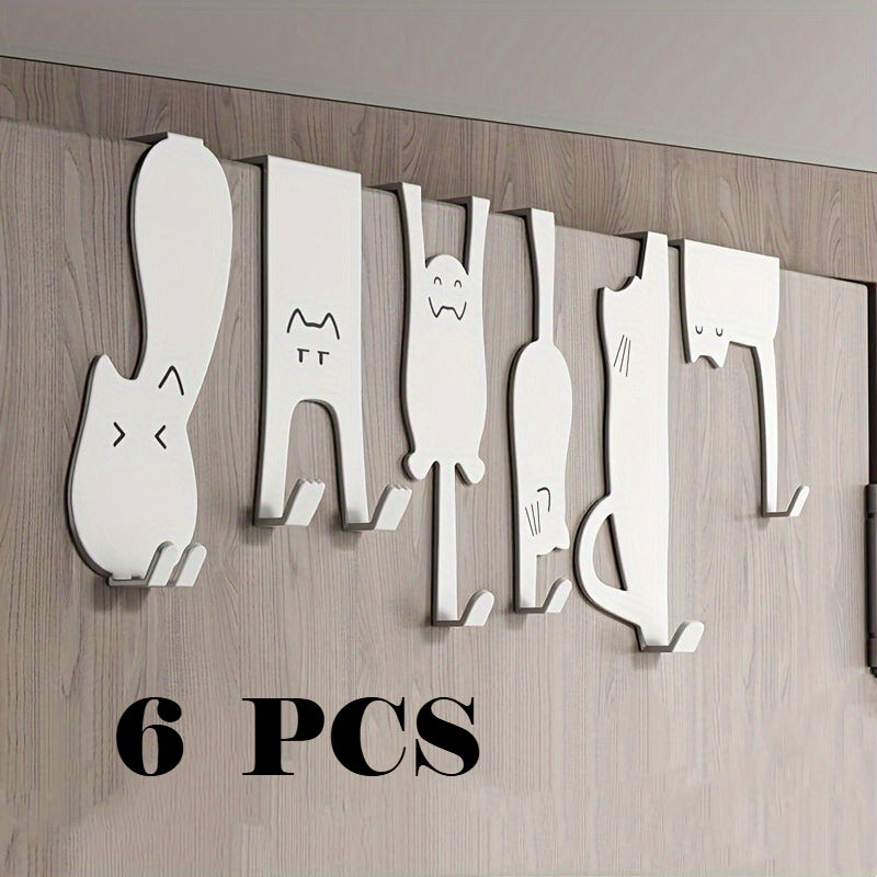 6pcs Cute Cat Design Over-the-Door Metal Hook Rack - Easy to Install for Towels and Hangers, Suitable for Bathroom, Kitchen, Bedroom - Fits 1.73-Inch Thick Doors, White Finish, Durable Animal Silhouette Hooks
