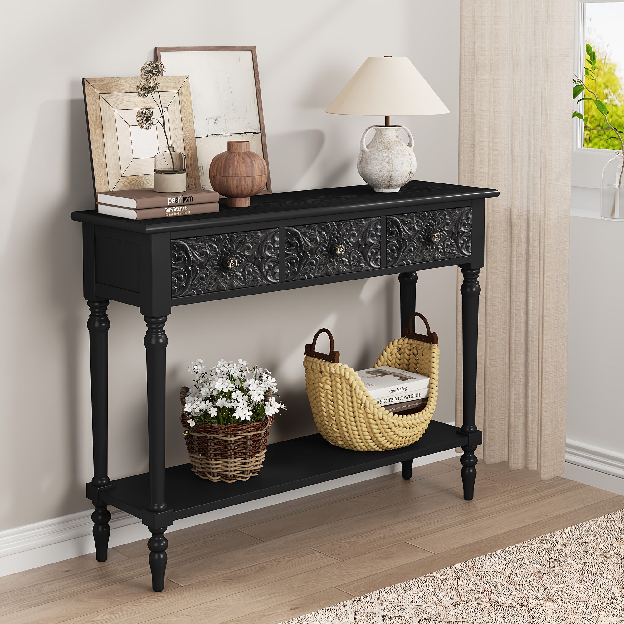 Three-Drawer Entryway Table with Scratch-Resistant - Solid Wood & High-Density Fiberboard Suitable for Hallway, Foyer, - Assembly, Modern with Ample Storage Space