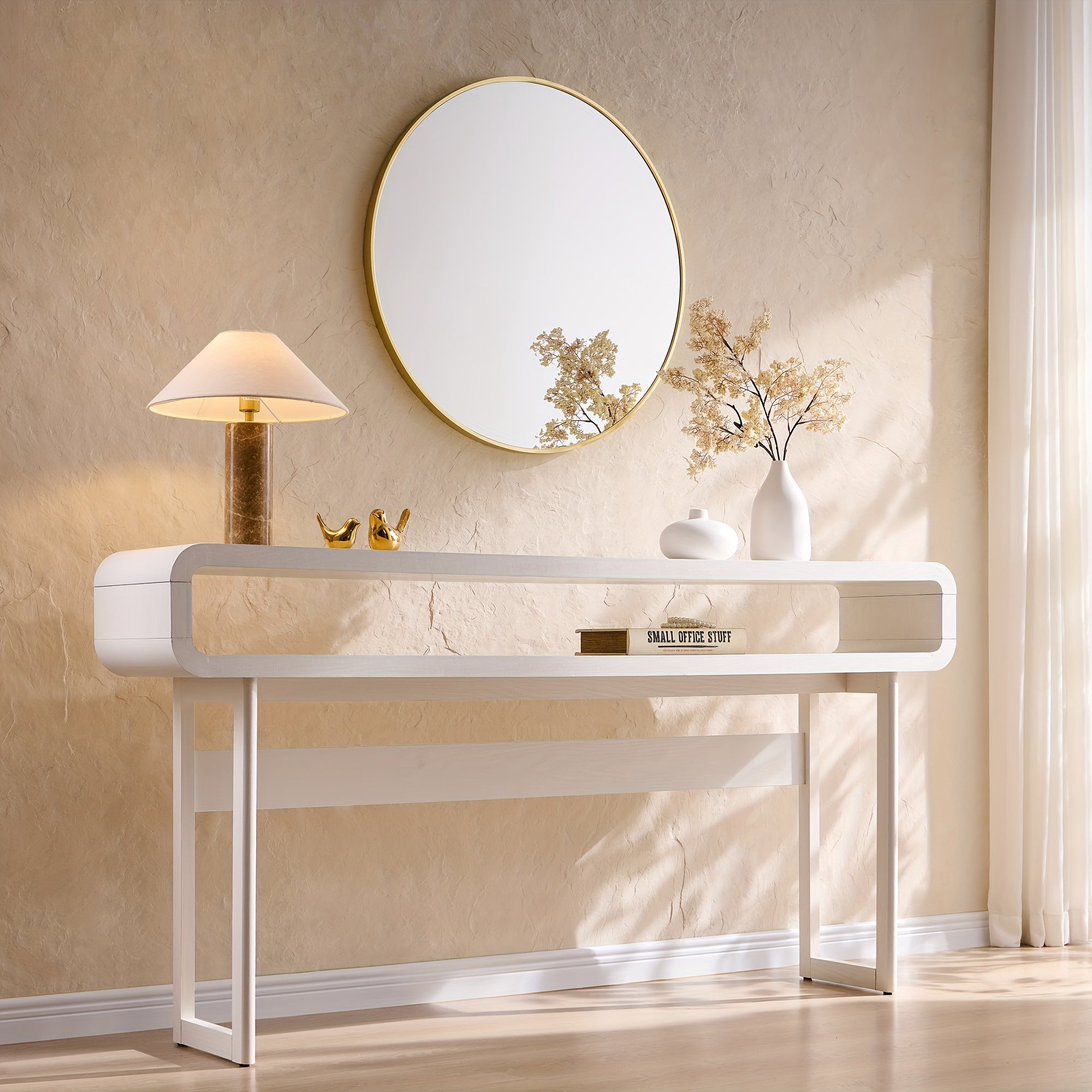 63-Inch Long Console Table, Modern Wood Entryway Table with Open Storage Shelf, Curved Profile Design, for Living Room, Hallway, Foyer