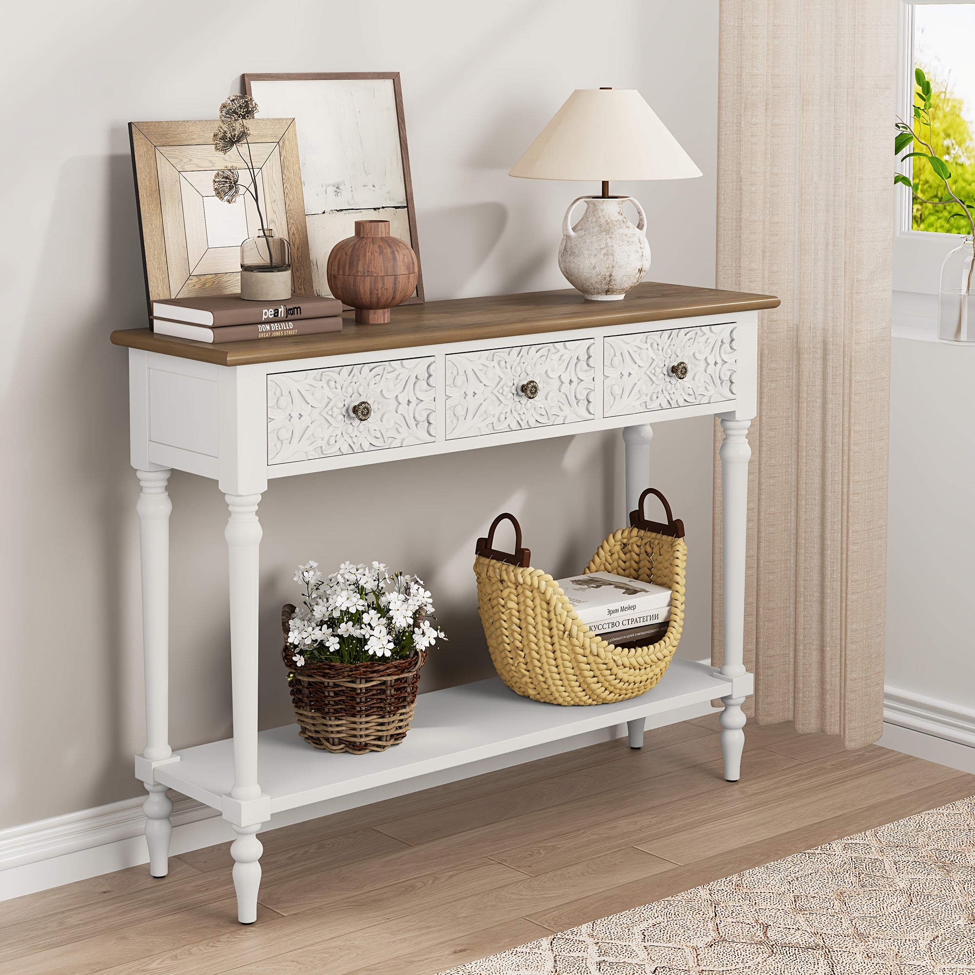 Three-Drawer Entryway Table with Scratch-Resistant - Solid Wood & High-Density Fiberboard Suitable for Hallway, Foyer, - Assembly, Modern with Ample Storage Space