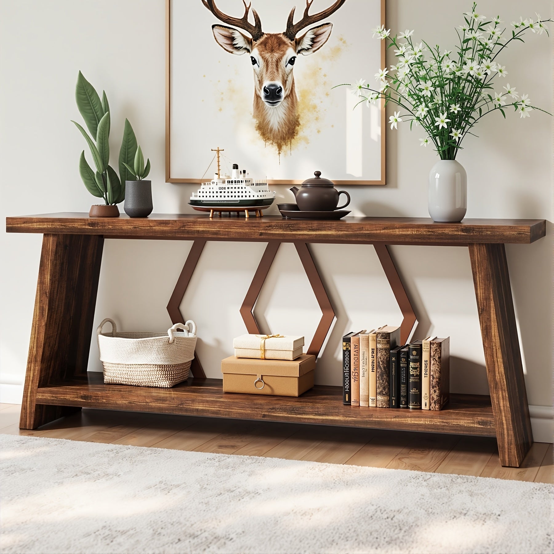 70.9-inch Extra-long Farmhouse Console Table - 2-tier Narrow Entryway Sofa Table with Storage, Rustic Industrial Decorative Table, Suitable for Living Room, Hallway, Foyer, Behind The Sofa