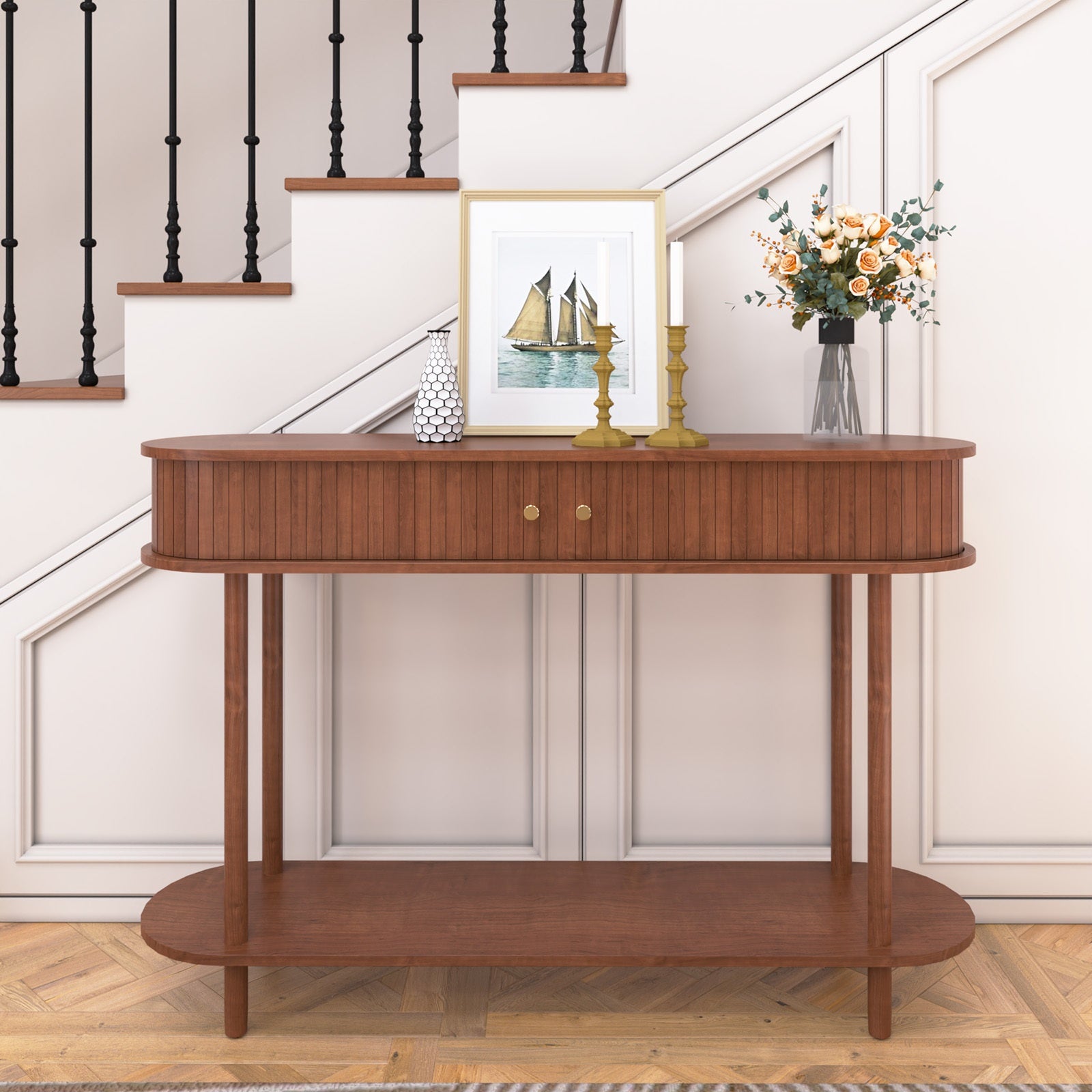 Modern Entryway Table with Wood Tambour Door, Accent Behind Couch Sofa Console Table with Storage, Fluted Side Table for Hallway, Living Room, Foyer