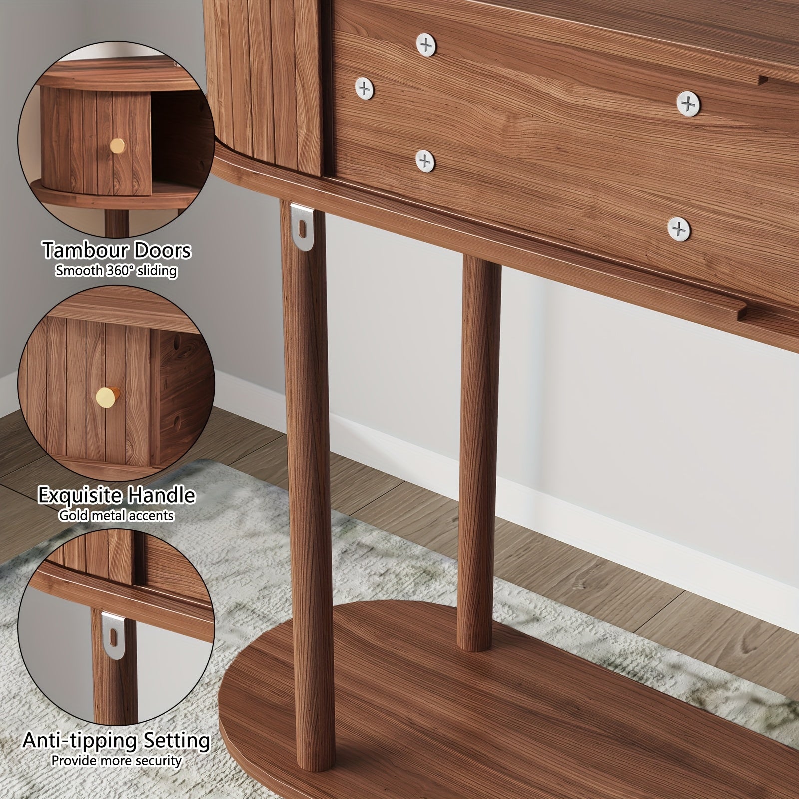 Modern Entryway Table with Wood Tambour Door, Accent Behind Couch Sofa Console Table with Storage, Fluted Side Table for Hallway, Living Room, Foyer