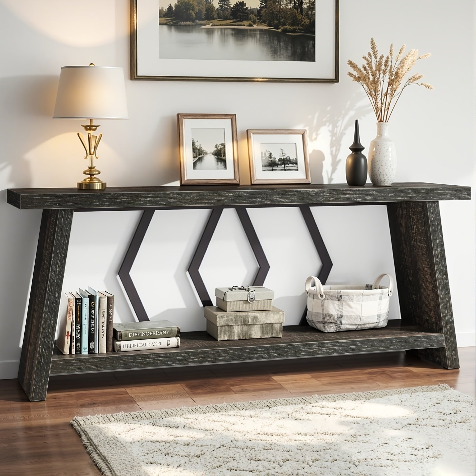 70.9-inch Extra-long Farmhouse Console Table - 2-tier Narrow Entryway Sofa Table with Storage, Rustic Industrial Decorative Table, Suitable for Living Room, Hallway, Foyer, Behind The Sofa
