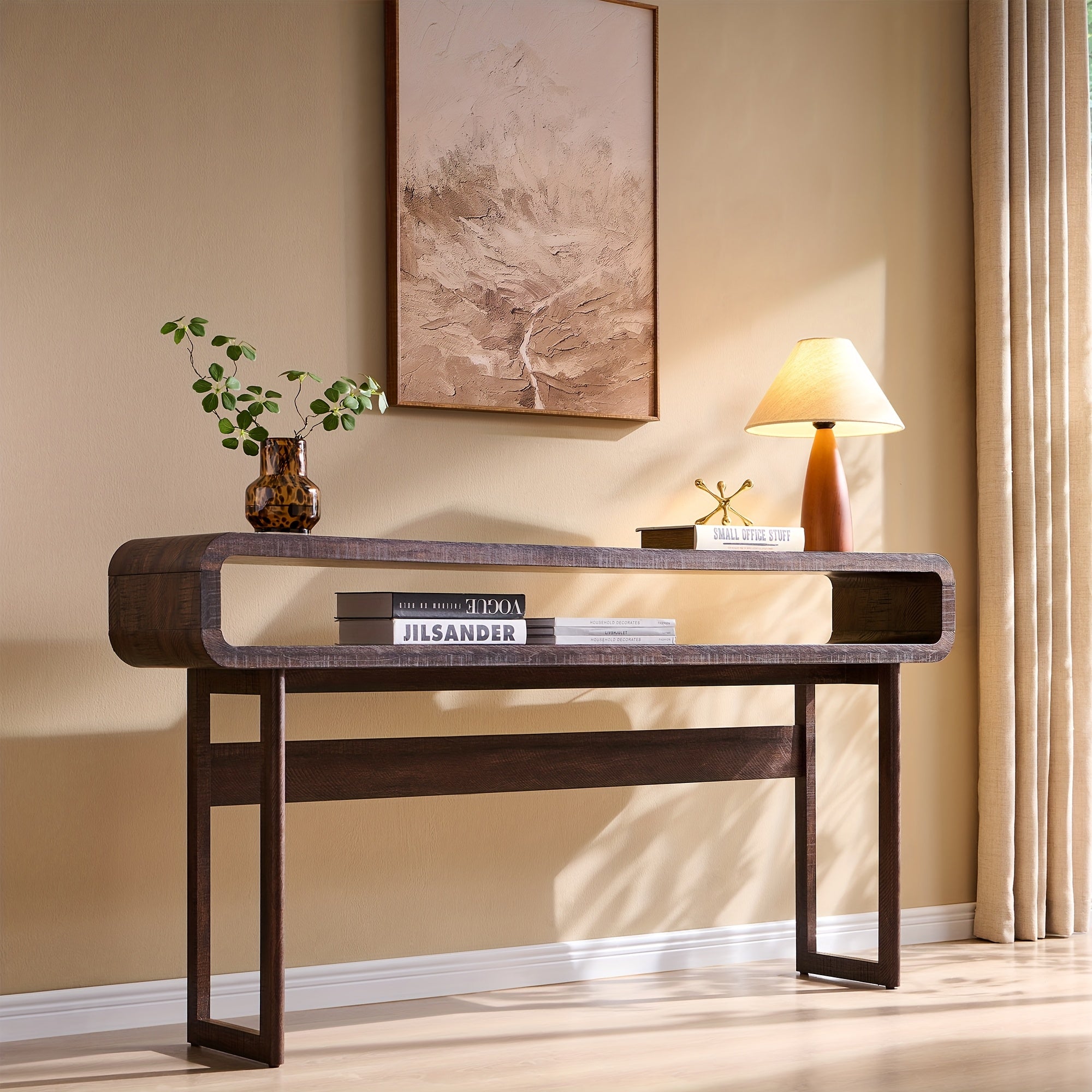 63-Inch Long Console Table, Modern Wood Entryway Table with Open Storage Shelf, Curved Profile Design, for Living Room, Hallway, Foyer