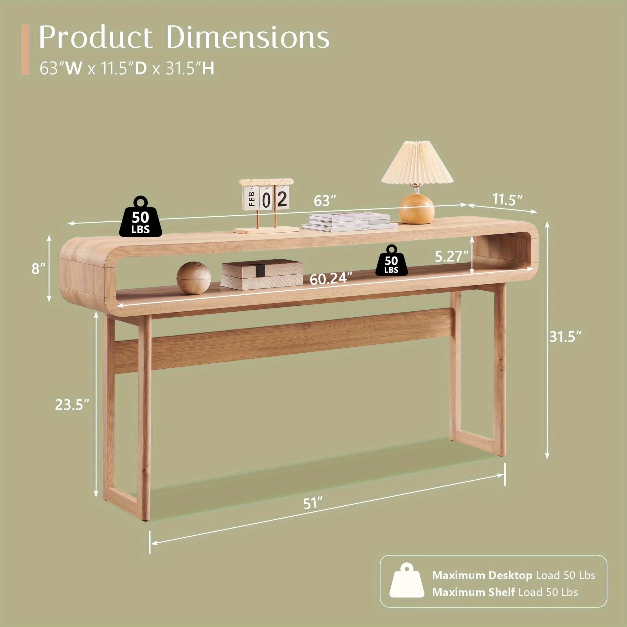 63-Inch Long Console Table, Modern Wood Entryway Table with Open Storage Shelf, Curved Profile Design, for Living Room, Hallway, Foyer