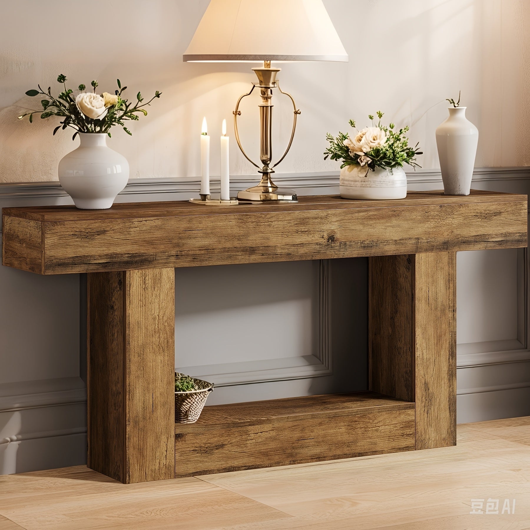 Country Farmhouse Console Table with U-Shaped Base, Durable MDF Construction, Decorated Off Shelf, Ideal for Living Rooms, Corridors Or Foyers, Corridor Storage | Rustic Charm
