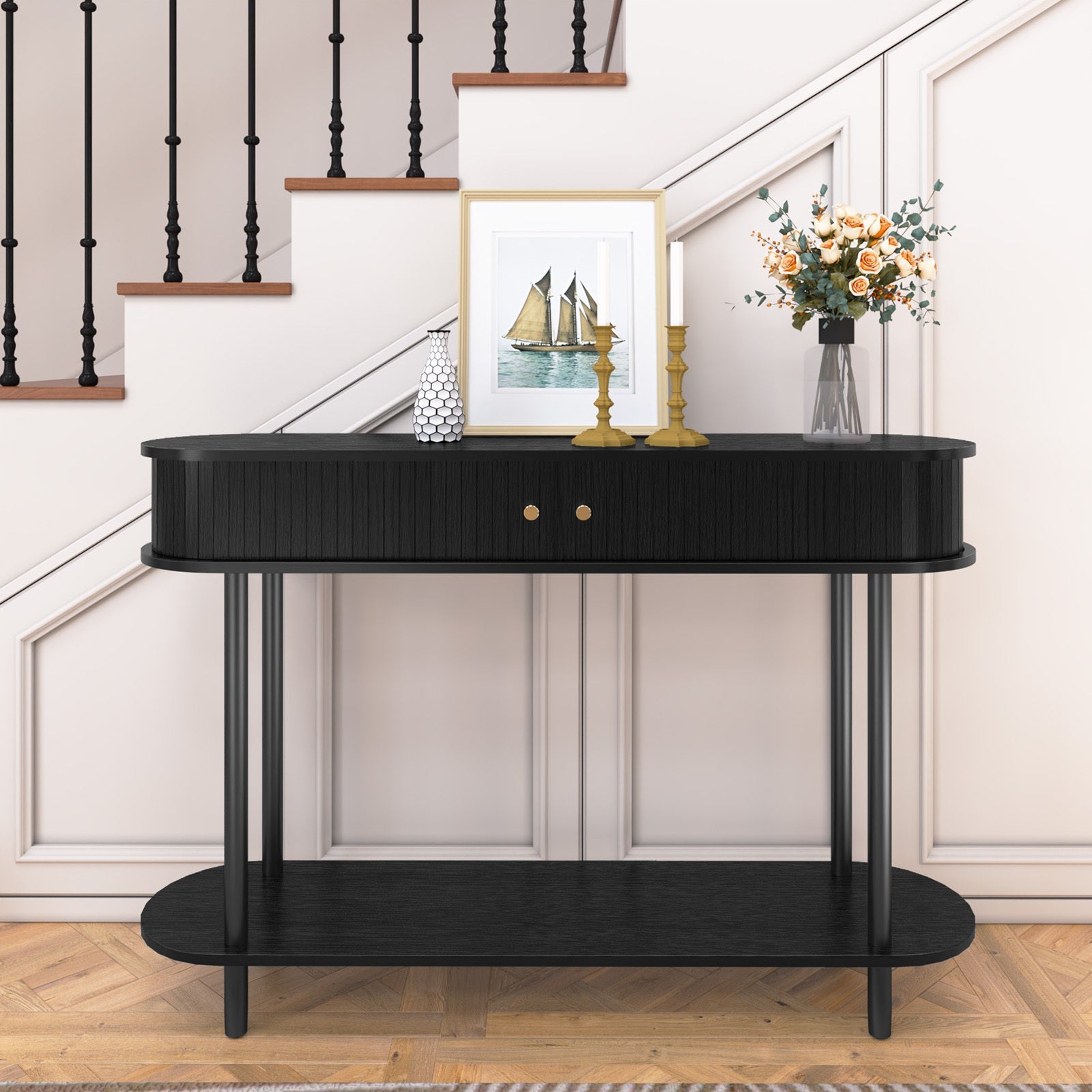 Modern Entryway Table with Wood Tambour Door, Accent Behind Couch Sofa Console Table with Storage, Fluted Side Table for Hallway, Living Room, Foyer