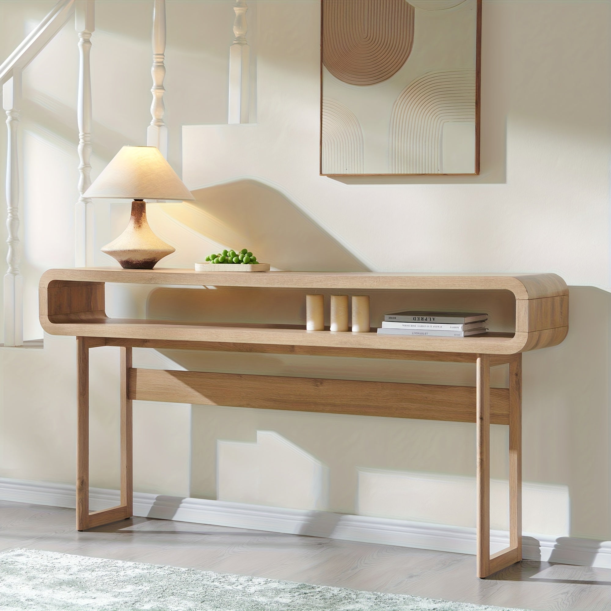63-Inch Long Console Table, Modern Wood Entryway Table with Open Storage Shelf, Curved Profile Design, for Living Room, Hallway, Foyer