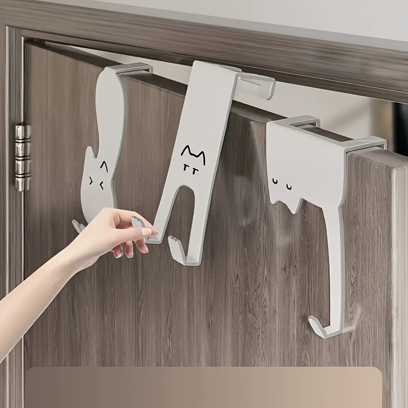 6pcs Cute Cat Design Over-the-Door Metal Hook Rack - Easy to Install for Towels and Hangers, Suitable for Bathroom, Kitchen, Bedroom - Fits 1.73-Inch Thick Doors, White Finish, Durable Animal Silhouette Hooks