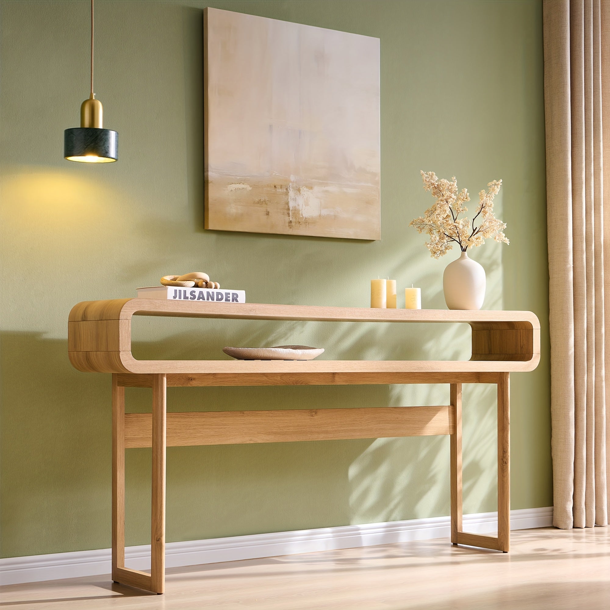 63-Inch Long Console Table, Modern Wood Entryway Table with Open Storage Shelf, Curved Profile Design, for Living Room, Hallway, Foyer