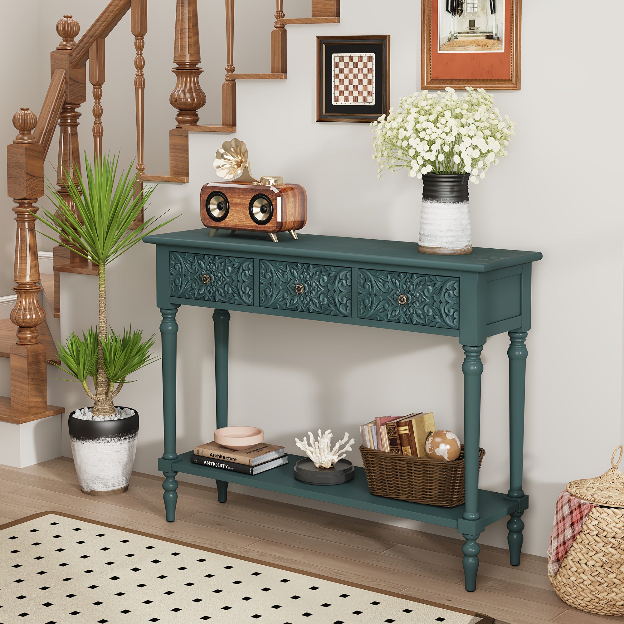 Three-Drawer Entryway Table with Scratch-Resistant - Solid Wood & High-Density Fiberboard Suitable for Hallway, Foyer, - Assembly, Modern with Ample Storage Space