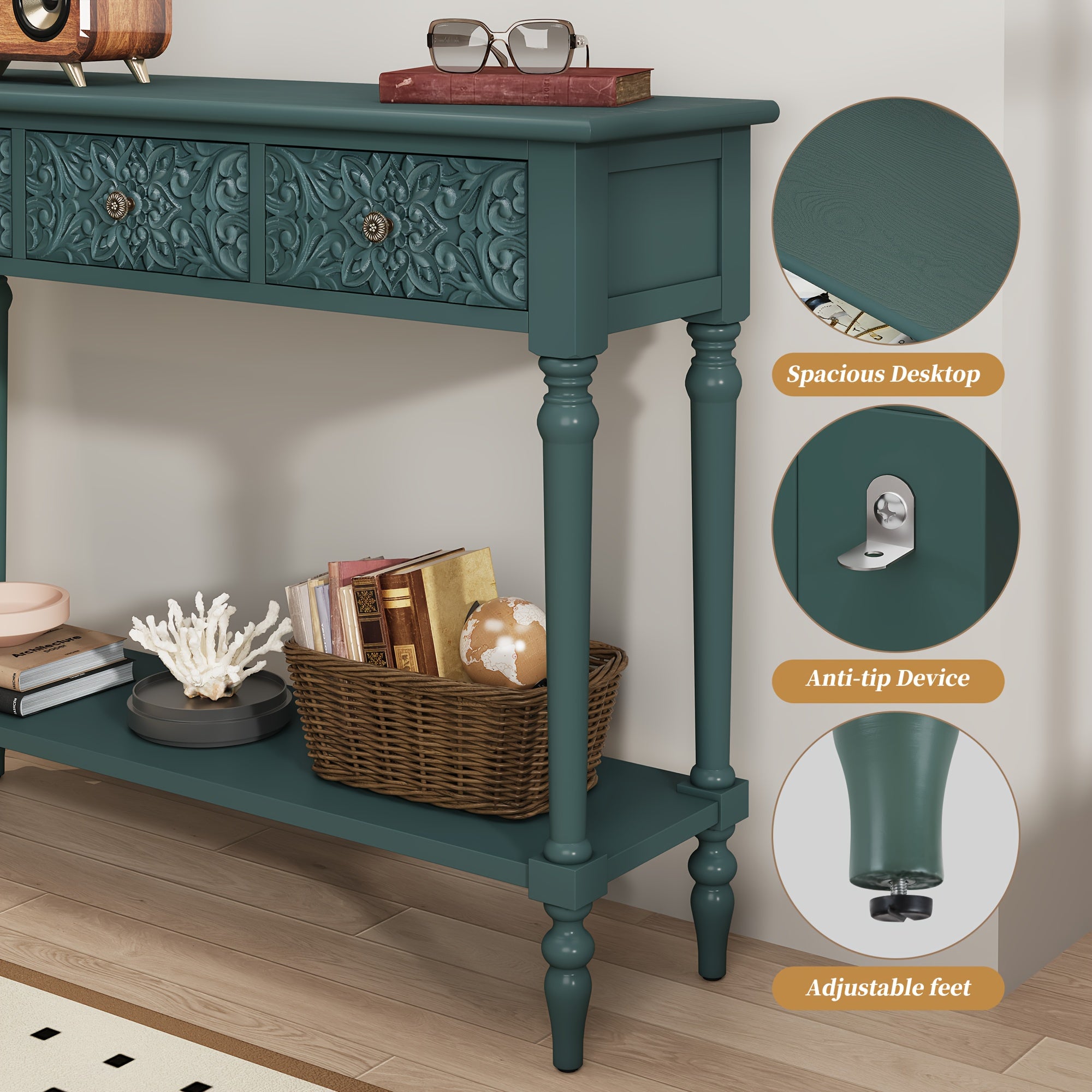 Three-Drawer Entryway Table with Scratch-Resistant - Solid Wood & High-Density Fiberboard Suitable for Hallway, Foyer, - Assembly, Modern with Ample Storage Space